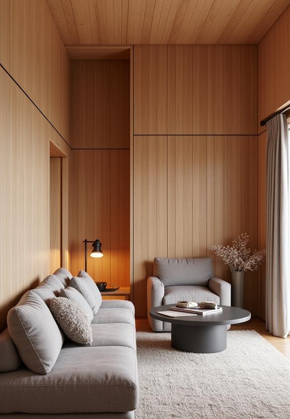 Wohnzimmer mit kompletter Wandverkleidung aus Zirbenholz