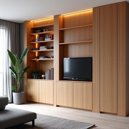 Moderner Innenausbau mit Holzpaneelen und Einbauschrank